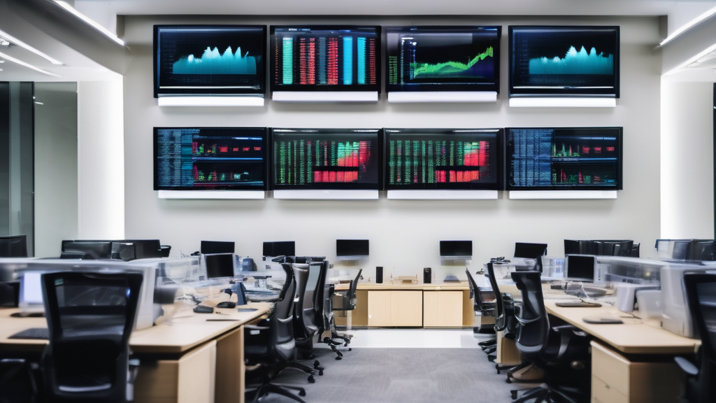 Modern financial trading office with multiple screens displaying market data.