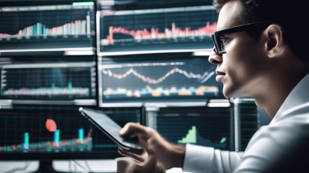 Trader analyzing profit splits on multiple screens.