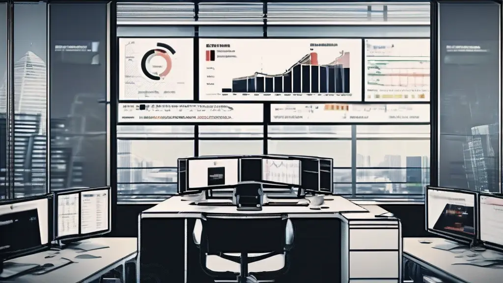 Modern London office with financial charts on screens