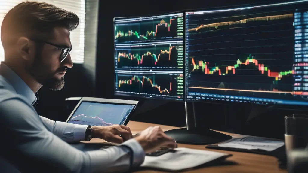 Professional trader analyzing financial charts in an office.