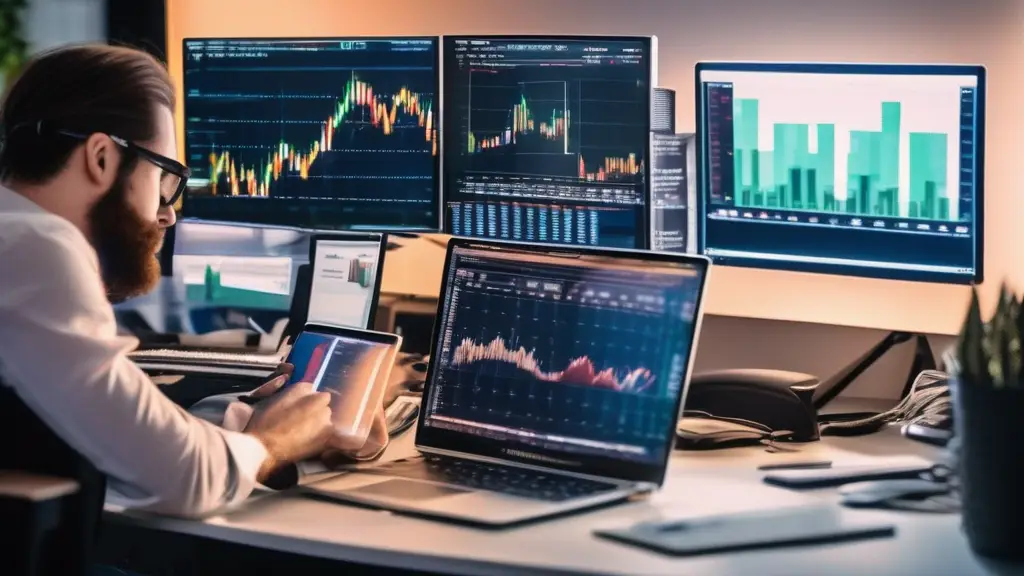 Trader analyzing cryptocurrency charts on screens