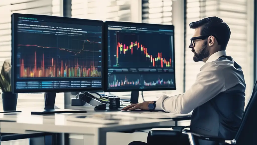 Trader analyzing data on multiple screens in a modern office.