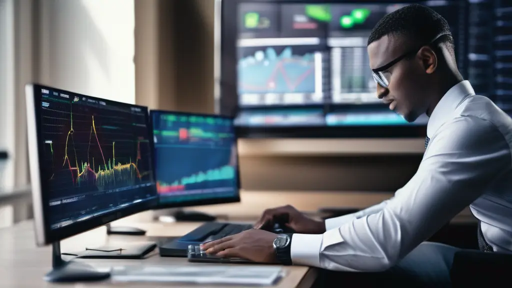 Trader analyzing financial charts on multiple monitors