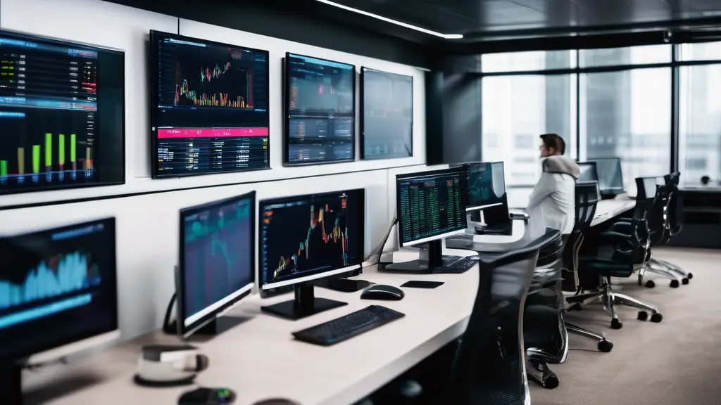 Prop trading firm office with stock charts on screens