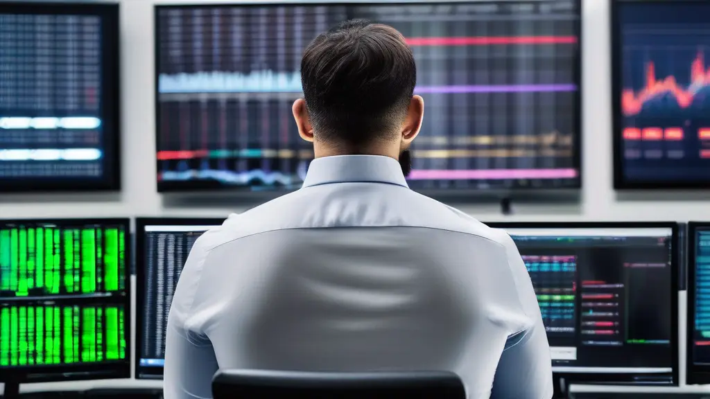Trader analyzing data on multiple screens in an office.