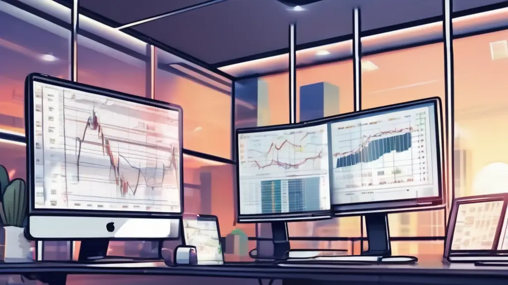 Prop trading environment in a UK office with financial charts.