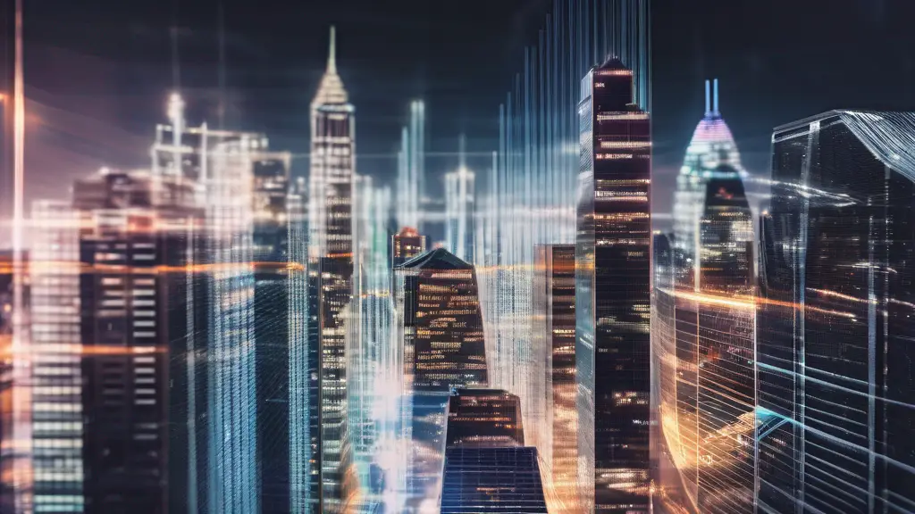 Skyline with digital trading charts representing prop trading firms.