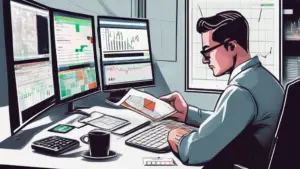 Trader reviewing swing trading charts and risk rules for prop firm trading