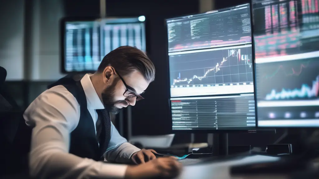 Trader analyzing financial data in an office.