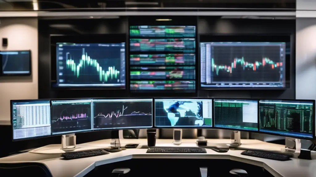 Trading desk with forex charts and data.