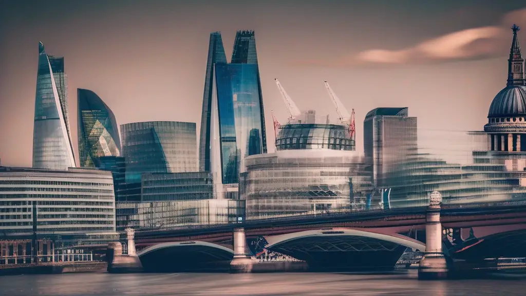 London financial district with trading charts.